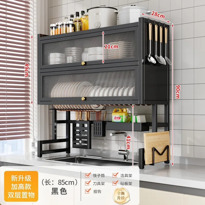 Double-Layer Kitchen Counter Dish Rack – Sink Drain Organizer with Knife Cup & Chopstick Tube