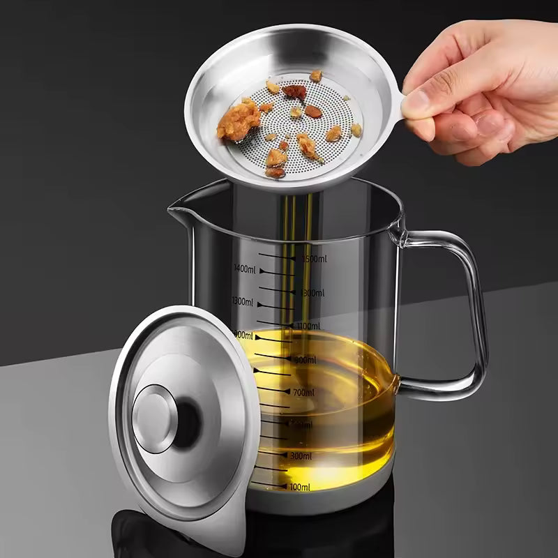 Transparent Glass Oil Filter Pot – Kitchen Grease Separator with Scale (1L)