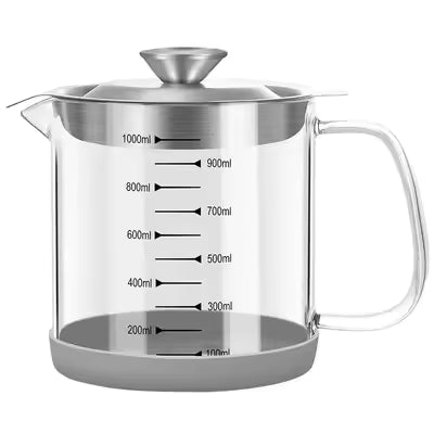 Transparent Glass Oil Filter Pot – Kitchen Grease Separator with Scale (1L)