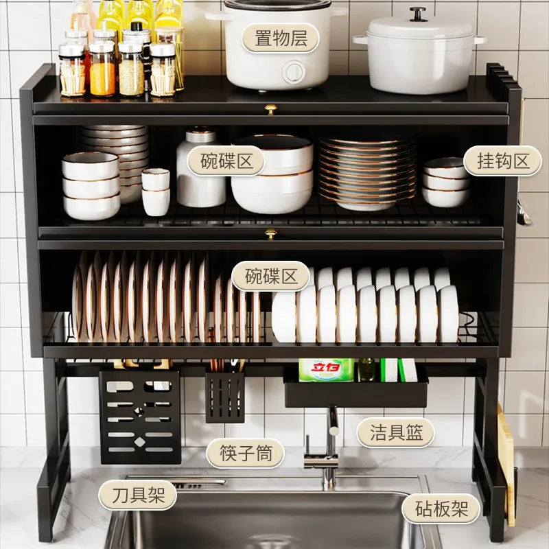 Double-Layer Kitchen Counter Dish Rack – Sink Drain Organizer with Knife Cup & Chopstick Tube