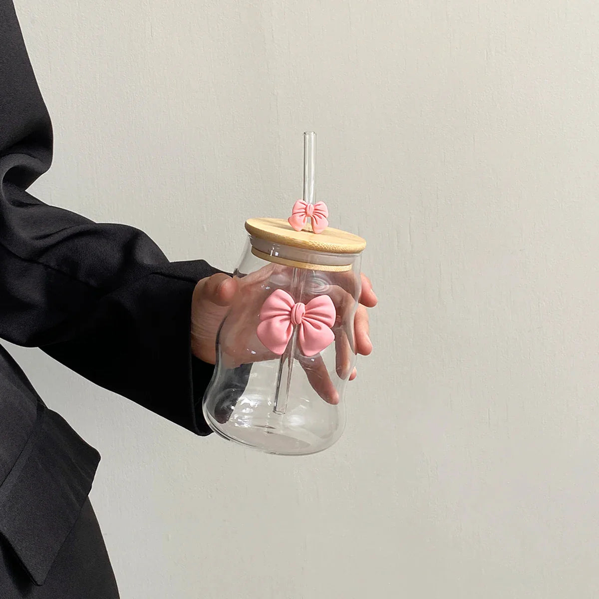 Bow Glass Water Cup with Straw – Cute Drinking Cup (400ml)