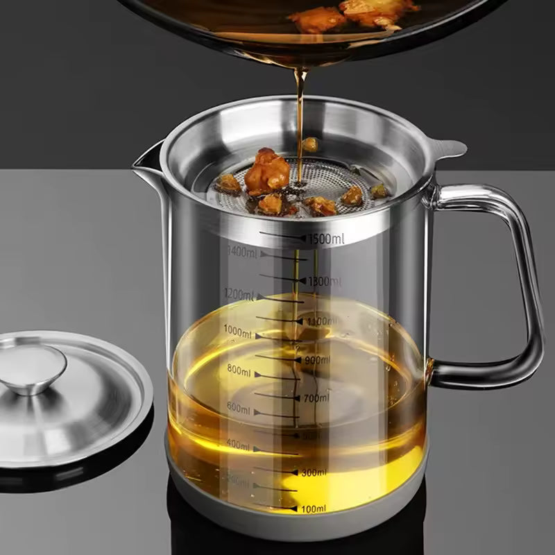 Transparent Glass Oil Filter Pot – Kitchen Grease Separator with Scale (1L)
