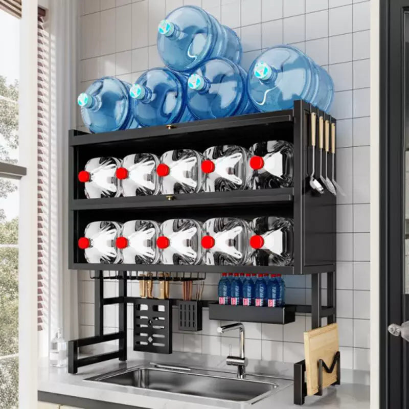 Double-Layer Kitchen Counter Dish Rack – Sink Drain Organizer with Knife Cup & Chopstick Tube