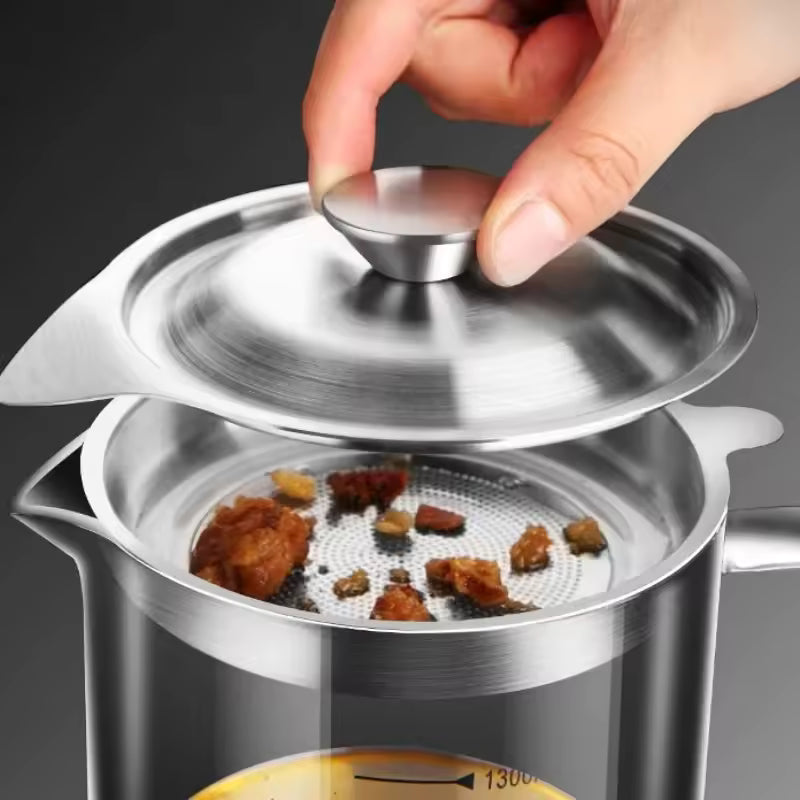 Transparent Glass Oil Filter Pot – Kitchen Grease Separator with Scale (1L)