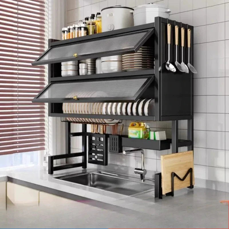 Double-Layer Kitchen Counter Dish Rack – Sink Drain Organizer with Knife Cup & Chopstick Tube