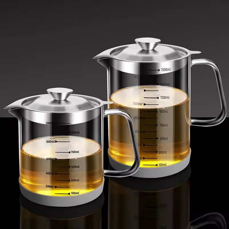 Transparent Glass Oil Filter Pot – Kitchen Grease Separator with Scale (1L)