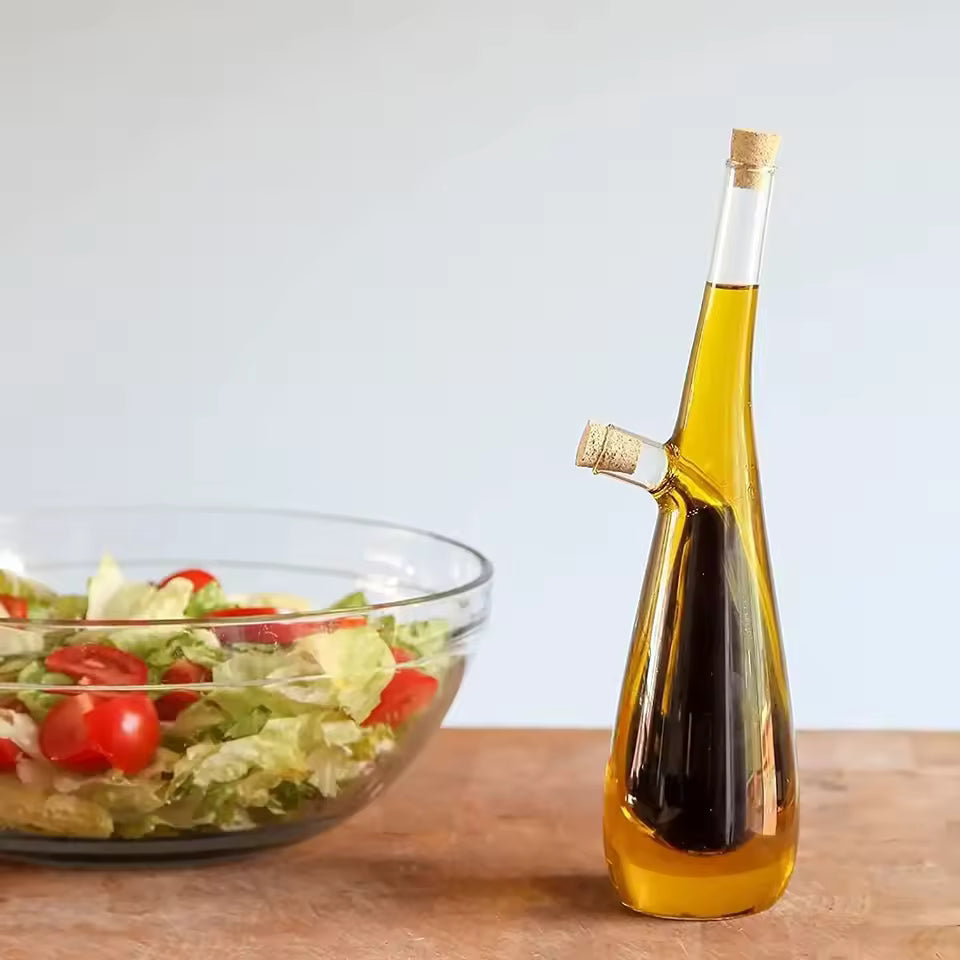 2-in-1 Double Layer Glass Olive Oil & Vinegar Dispenser with Stoppers