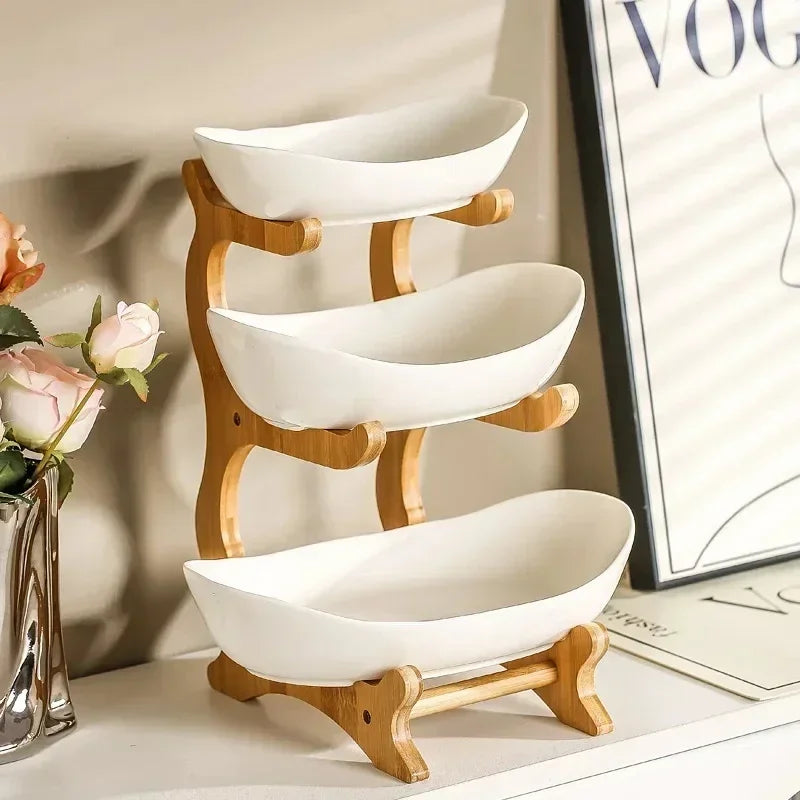 3-Layer Fruit & Snack Plate – Light Luxury Wooden Stand Dish (Random)