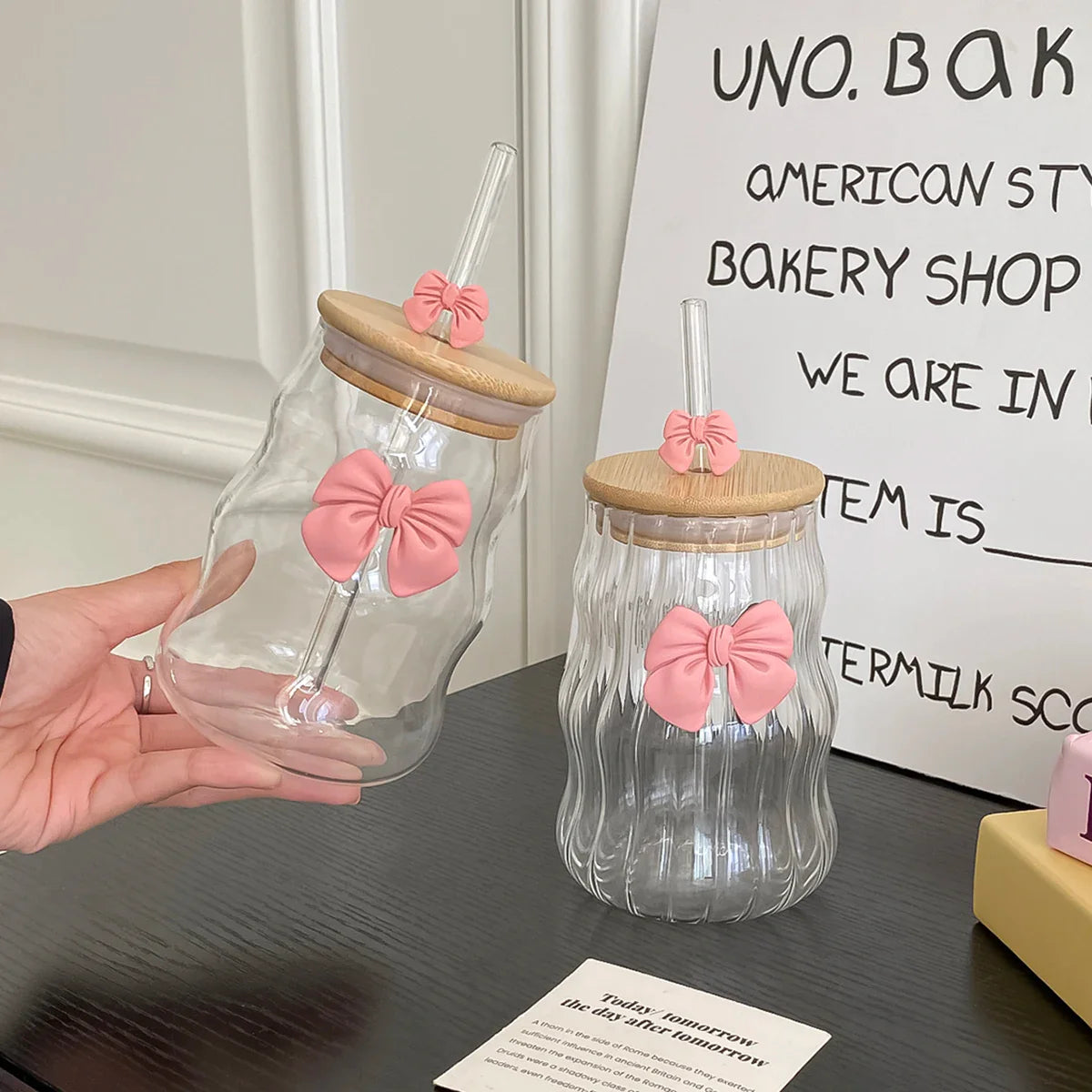 Bow Glass Water Cup with Straw – Cute Drinking Cup (400ml)