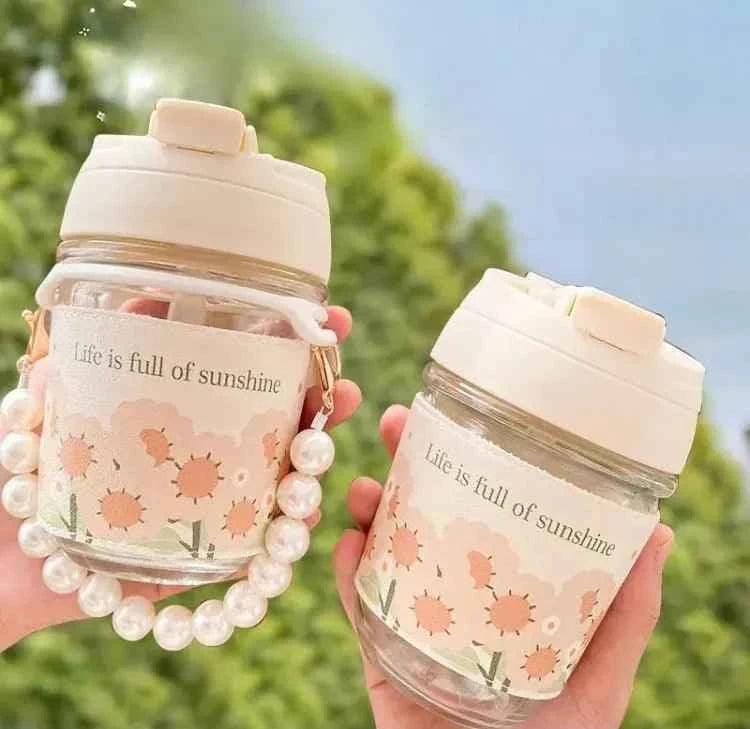 Portable Thermal Mini Bottle with Glass Straw and Pearl Bracelet Design - Dual-Use Drinking Cup