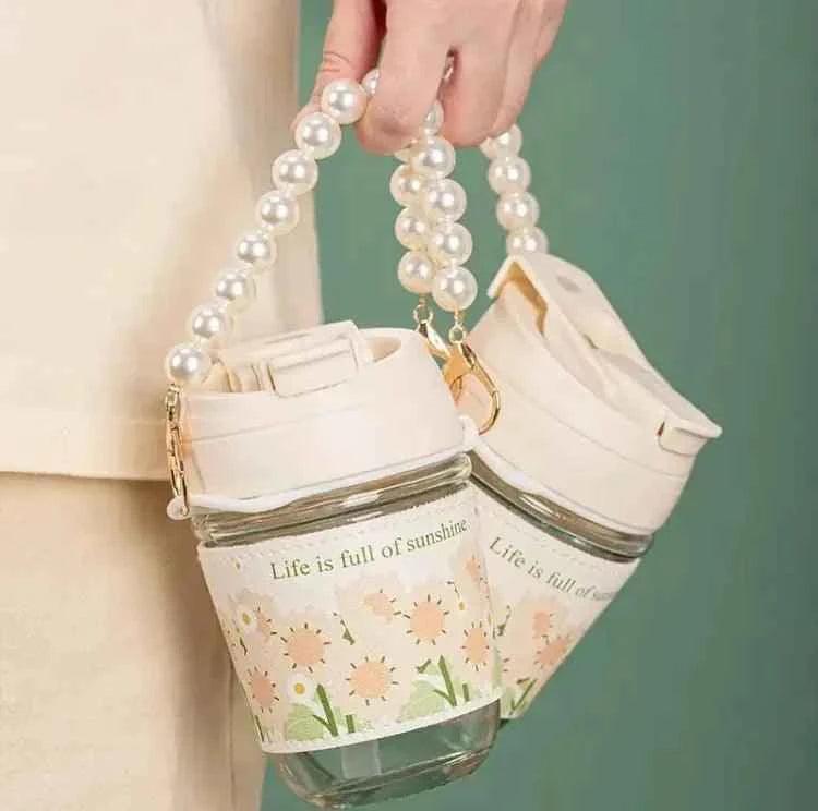 Portable Thermal Mini Bottle with Glass Straw and Pearl Bracelet Design - Dual-Use Drinking Cup