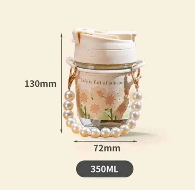 Portable Thermal Mini Bottle with Glass Straw and Pearl Bracelet Design - Dual-Use Drinking Cup