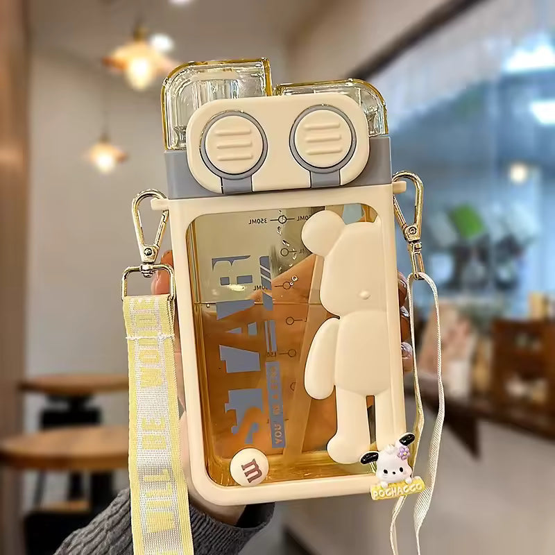 Cartoon Bear Water Bottle with Strap  (Random color)