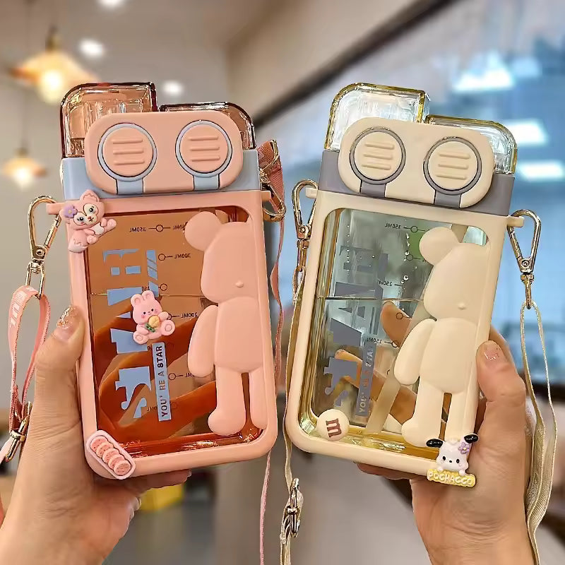 Cartoon Bear Water Bottle with Strap  (Random color)