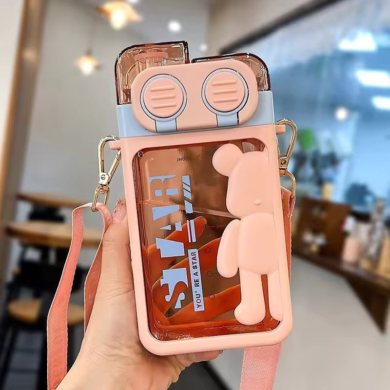 Cartoon Bear Water Bottle with Strap  (Random color)