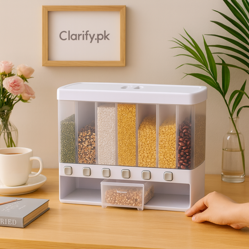 6 in 1 Rice Dispenser with Multi-Compartment Storage