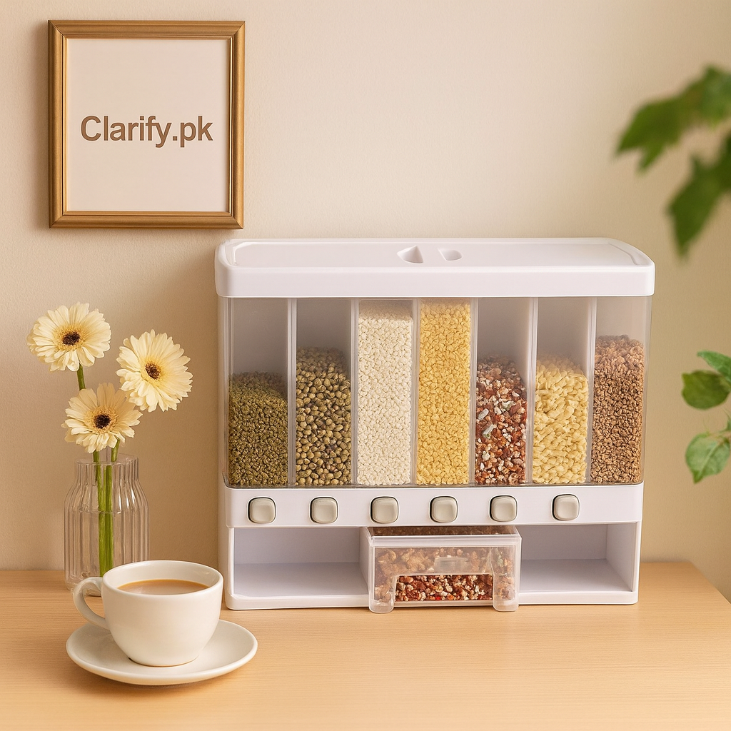 6 in 1 Rice Dispenser with Multi-Compartment Storage