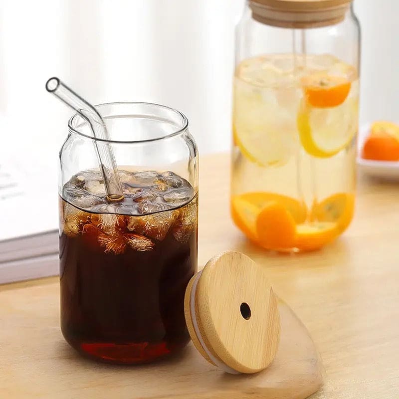 Bamboo Lid Iced Coffee Mug with Glass Straw