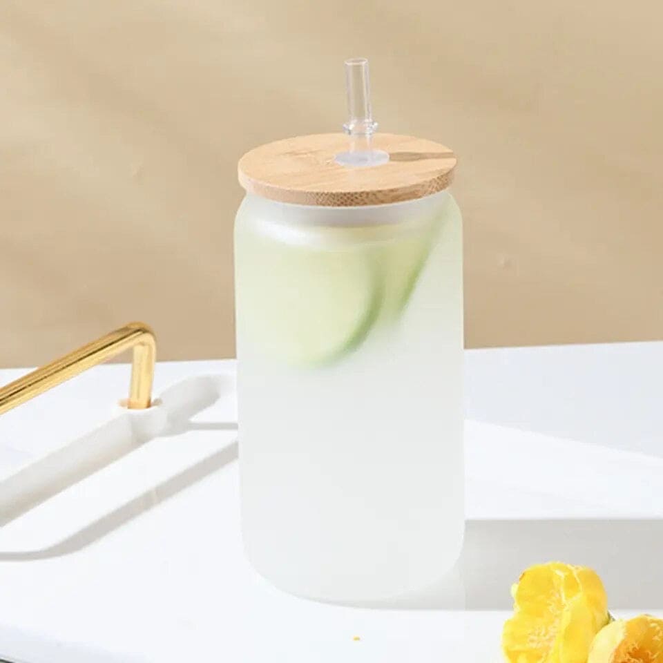 Bamboo Lid Iced Coffee Mug with Glass Straw