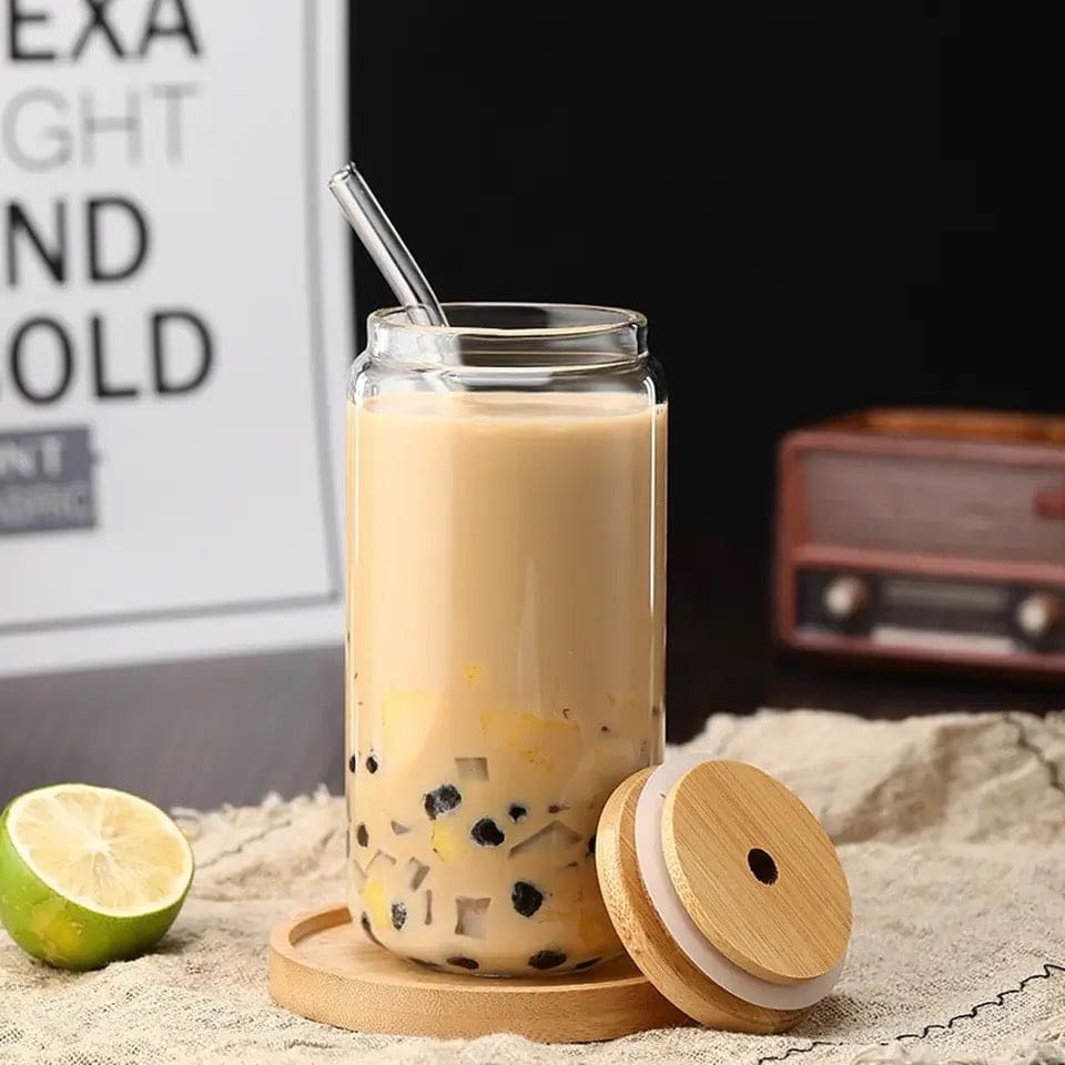 Bamboo Lid Iced Coffee Mug with Glass Straw