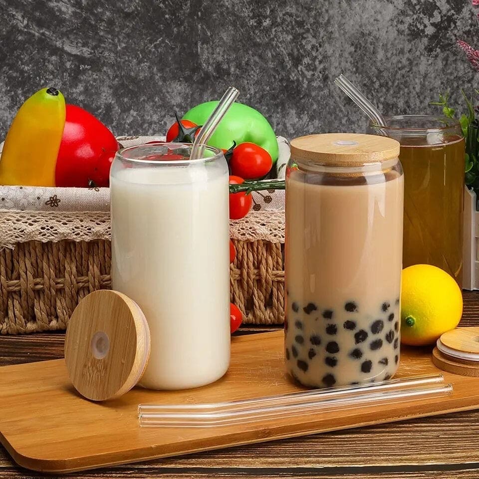 Bamboo Lid Iced Coffee Mug with Glass Straw
