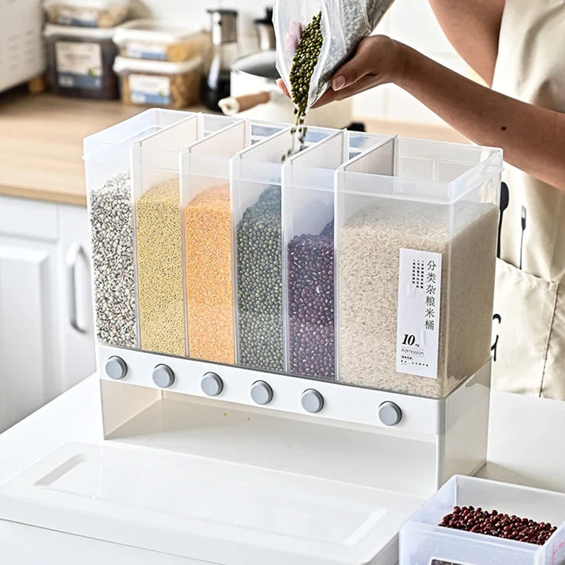 6 in 1 Rice Dispenser with Multi-Compartment Storage