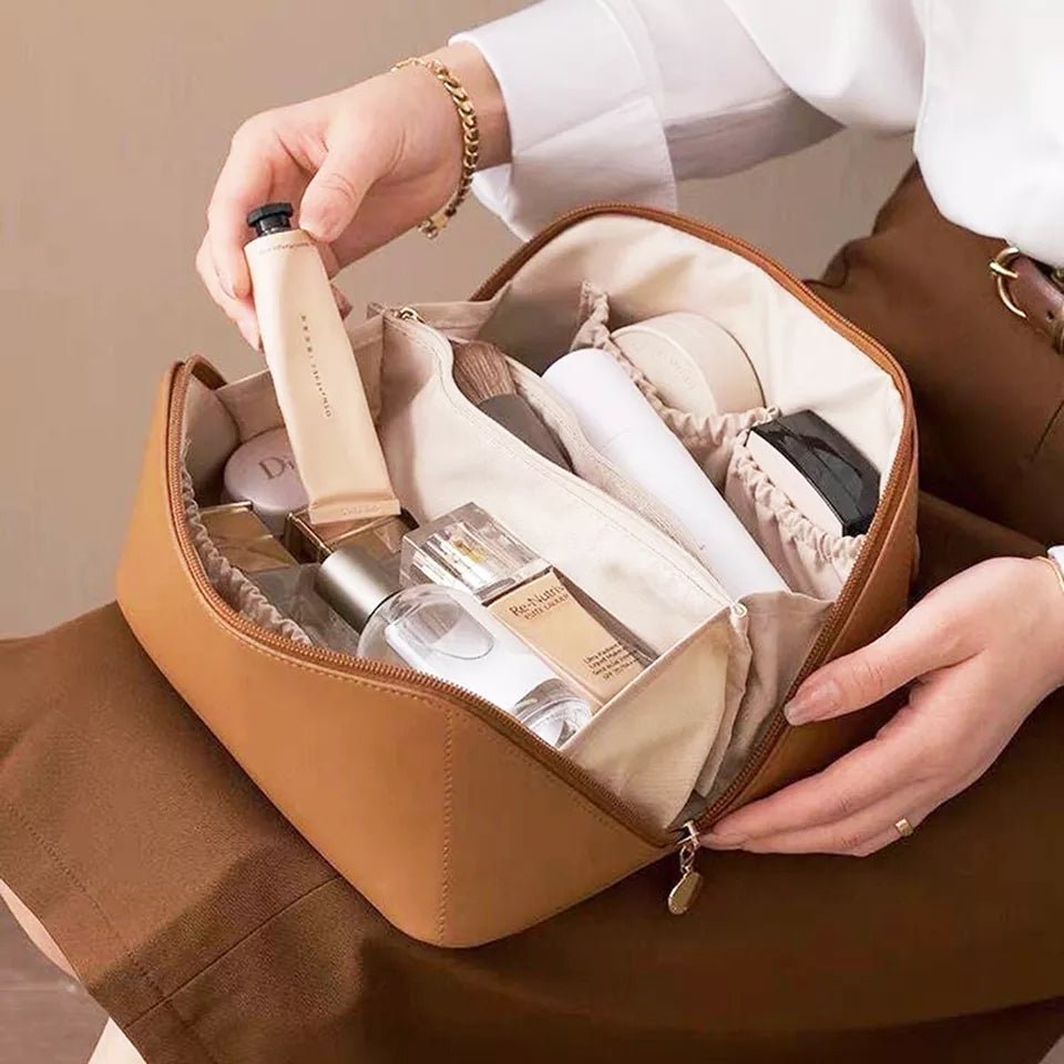 Leather Travel Cosmetic Bag - Large Capacity