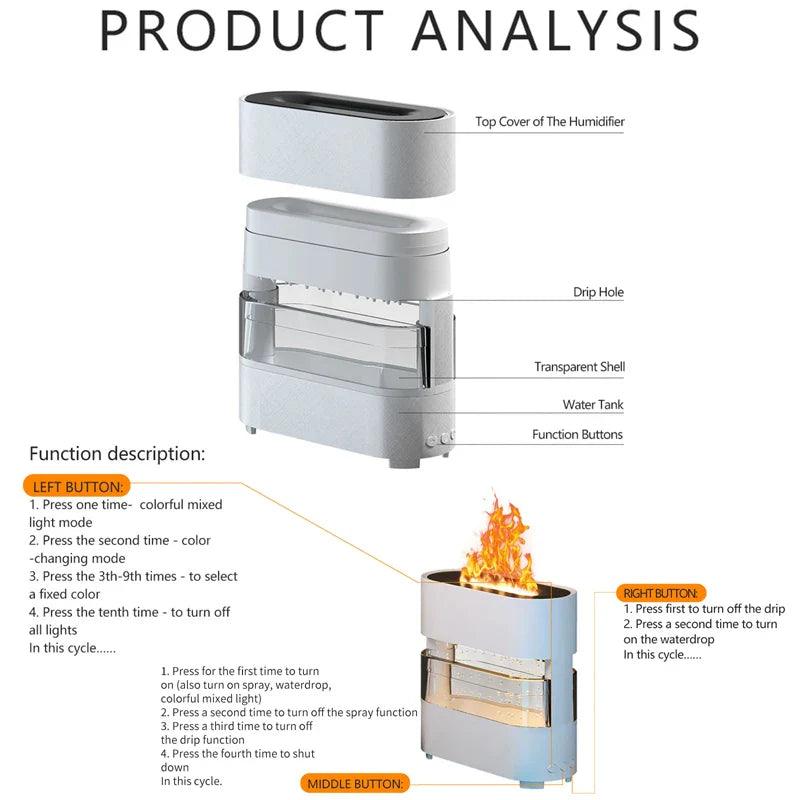 Rain Effect Humidifier with Flame LED Light